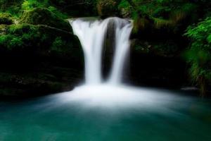 kleiner Wasserfall mit Süßwasser endet ein Brunnen im Wald foto