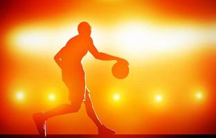 Basketballspieler-Silhouette, die mit Ball auf rotem Hintergrund dribbelt foto