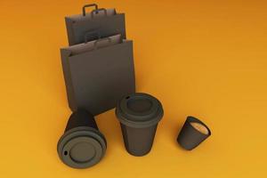 satz schwarze kaffeetassen und tasche auf pastellhintergrund. 3D-Rendering foto