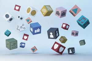 Social-Media-Icon-Herz-Emoji und Icon-Box. 3D-Rendering foto