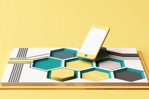 Smartphone mit Technologiekonzept, abstrakte Komposition aus Plattformen mit geometrischen Formen in Orange und Pastellfarben. 3D-Rendering foto