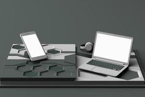 laptop, smartphone und kopfhörer mit technologiekonzept abstrakte komposition aus geometrischen formen plattformen in pastellfarben. 3D-Rendering foto