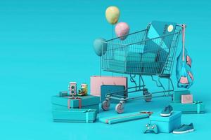 Supermarkt-Einkaufswagen umgeben von Geschenkbox mit Kreditkarte auf pastellfarbenem Hintergrund. 3D-Rendering foto