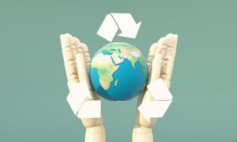 Green Earth Recycling-Konzept Tag der Erde, umgeben von Globen, Recycling-Symbol und Holzhand auf grünem Hintergrund mit Flüssen. realistische Cartoon-3D-Darstellung foto