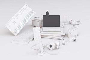 Laptop umgeben von bunten Gadgets auf weißem Hintergrund. 3D-Rendering foto