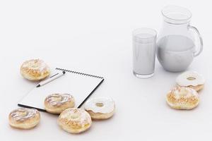 bunter donut und milchbecher mit pastellhintergrund. 3D-Rendering foto