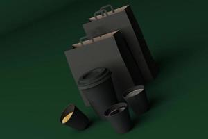 satz schwarze kaffeetassen und tasche auf pastellhintergrund. 3D-Rendering foto