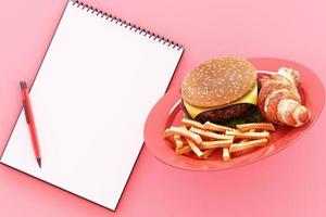 Hamburger mit Pommes Frites in der Platte und Zwischenablage auf rosa Hintergrund. 3D-Rendering foto