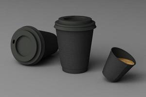 satz schwarze kaffeetassen und tasche auf pastellhintergrund. 3D-Rendering foto