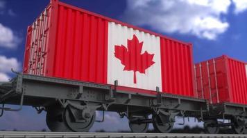 Container mit der Flagge von Kanada. Eisenbahnverkehr. 3D-Rendering foto