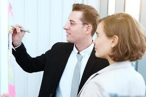 erfolgreicher geschäftsmann und geschäftsfrau, die gute ideen auf klebrige notizen schreiben, die an der glaswand in einem modernen bürotreffen angebracht sind. foto