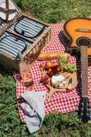 Nahaufnahme des Picknickkorbs mit Getränken und Speisen auf dem Rasen foto