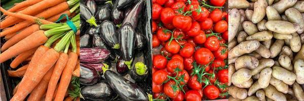 Lebensmittelcollage Gemüse verschiedene Arten Obst auf der Theke des Marktes gesunde Mahlzeit Lebensmittel Diät Snack Kopie Raum Lebensmittel Hintergrund rustikal Draufsicht foto