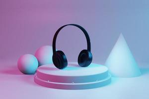 Podium mit Technologie. ein Kopfhörer in rosa und lila Tönen und einem pastellblauen Hintergrund. 3D-Darstellung. foto