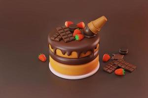 schokoladenkuchen geburtstag und jahrestag mit rotem erdbeerbelag, schmelzender eistüte und makronendekoration 3d-illustration foto