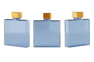 quadratische blaue Parfümflasche mit Metallverschluss. 3D-gerendertes Mock-up isoliert auf weißem Hintergrund. foto