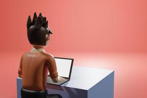 Mann, der online arbeitet, hinter ihm 3D-Rendering, rot-orangefarbener Hintergrund foto