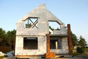 das objekt des unvollendeten baus ist ein zukünftiges haus aus einem porösen betonblock. 1. Stock mit Dachboden. Wohnungen in ländlichen Gebieten befinden sich im Bau. Wände mit Fenstern foto