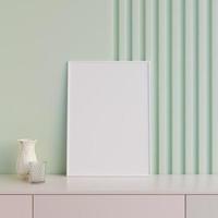 modernes und minimalistisches vertikales weißes plakat oder fotorahmenmodell auf dem tisch im wohnzimmer. 3D-Rendering. foto