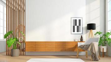 schrank holz für fernseher an der holzlattenwand im wohnzimmer mit minimalistischem design. 3D-Rendering foto