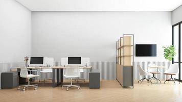 Minimalistisches Bürozimmer mit Aktenschrank und kleinem Besprechungstisch. 3D-Rendering
