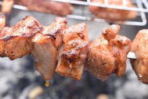 gegrilltes Schweinefleisch in einem Grillnetz mit Gewürzen foto
