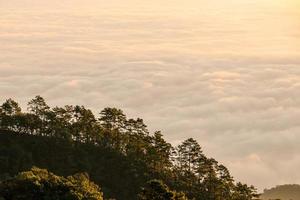 Berglandschaft mit buntem Sonnenaufgang in den Bergen. Blick auf Nebel und Wolken foto