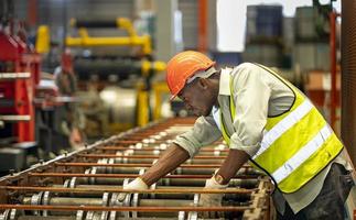 Der afroamerikanische Industriearbeiter überprüft den Einrichtungswert der Blechrollformmaschine in der Dachfabrik für das Konstruktionskonzept der Sicherheitsindustrie foto