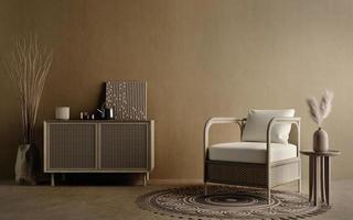Braunes Wohnzimmer im Boho-Stil mit Korbstuhl, Tisch und Vase auf dunklem Wandhintergrund. 3D-Rendering foto