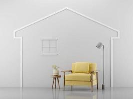 Gelber Sessel in grafischer Hauslinie mit Lampe und Beistelltisch. Konzept für Heimdekoration. 3D-Rendering foto
