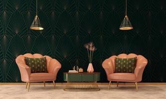 art deco interieur im klassischen stil mit rosa sessel und kissen.rosa vase auf dem tisch.dunkelgrüne wand mit deckenlampen.3d-rendering. foto
