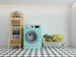 Waschmaschine und Waschküche mit Regalen. 3D-Rendering foto