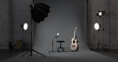 foto- und videostudio mit beleuchtungsequipment.konzept für musik und song.3d-rendering