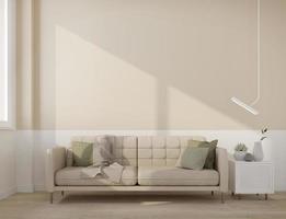 innenraum im modernen stil mit sofa, tisch, lampe und braunem wandhintergrund.3d-rendering
