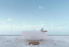 luxusbadezimmer mit meerblick im hotel oder zu hause. badewanne auf marmorboden mit flussfelsen. 3D-Rendering foto