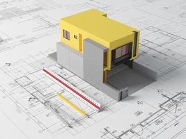 blaupausenpläne und gelbes hausmodell mit maßstab, kompass und bleistift.architektenkonzept.3d-rendering foto