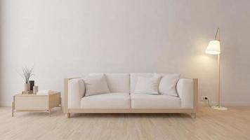 weißes sofa im weißen raum mit lampe und holzboden - minimalismus 3d-rendering foto