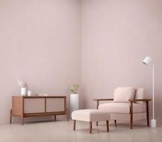 rosa wohnzimmer mit sessel, hocker und tv-tisch. 3d-rendering foto