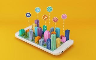 Smart City.City-Modell auf dem Handy mit Icon.3D-Rendering foto