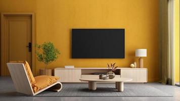 gelber wohnzimmerinnenraum mit sessel, tv-ständer und plant.3d-rendering foto