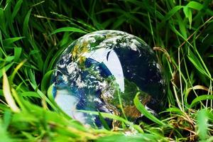 die Kristallkugel mit der Welt auf dem Rasen. Konzept der Welt und der Natur