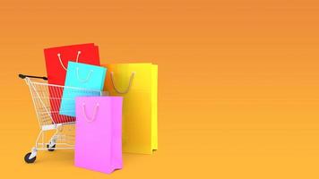 bunte papiereinkaufstüten auf einkaufswagen mit orangefarbenem hintergrund., einkaufsliebhaber oder shopaholic-konzept, 3d-rendering. foto