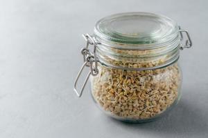 Glas mit Buchweizensprossen vor grauem Hintergrund. vegetarisches gerichtskonzept. Bio-Ernährung. Öko-Essen-Konzept. gesundes Essen foto