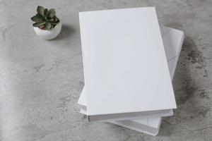 Hochwinkelansicht weißes Deckbuch mit Zimmerpflanze auf Zementhintergrund für Mock-up foto
