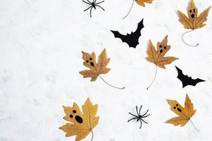 Helloween-Konzept. Herbstkomposition mit Blättern und Minikürbissen. Ansicht von oben foto