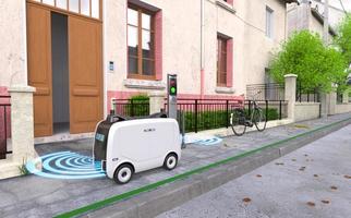 autonomer lieferroboter mit 5g-mobilfunkverbindung, intelligentes technologie-ai-fahrzeugkonzept foto