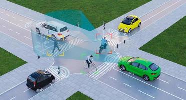 autonome Elektroautos mit künstlicher Intelligenz, die auf der Straße der Metropole fahren, 3D-Darstellung foto