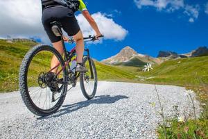 Gänseblümchen-Blume neben einer Bergstraße mit einem Biker, der an einem Mountainbike vorbeifährt foto