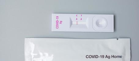Antigen-Schnelltest-Kit mit negativem Ergebnis beim Abstrich-Covid-19-Test. Coronavirus-Selbstnasen- oder Heimtest, Lockdown- und Heimisolationskonzept foto
