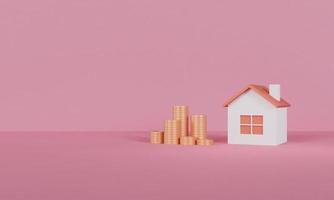 3D-Rendering-Konzept der Investition. Ein Haus mit Münzen im Hintergrund für kommerzielles Design. 3D-Rendering. foto